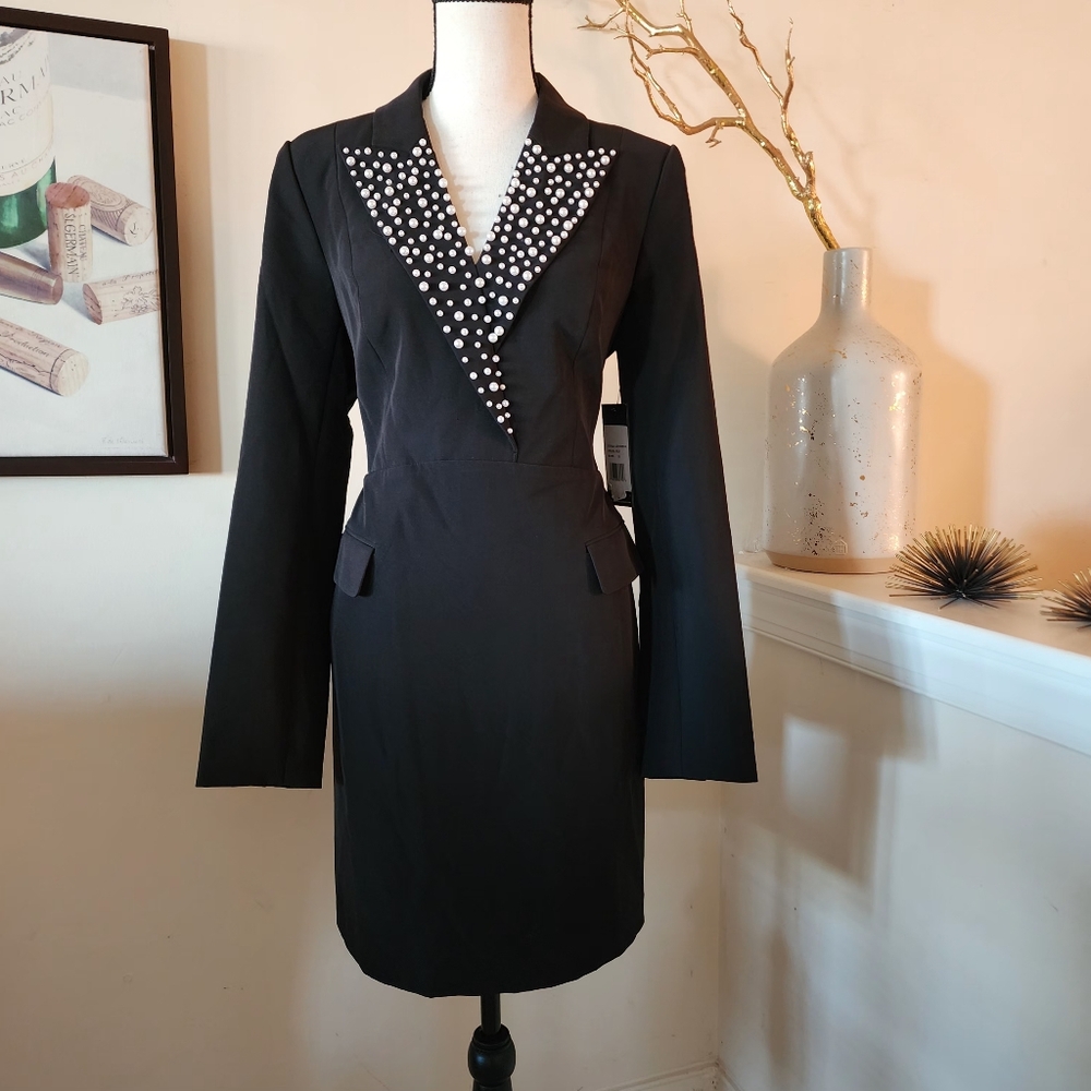 Karl Lagerfeld Pearl Embellished Tuxedo Collar Dress - Picture 5 of 14